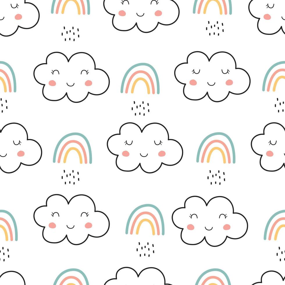 Nahtloses Muster Regenbogen und Wolken Design mit der Hand im Cartoon-Stil gezeichnet für Drucke, Babyprodukte Hintergründe, Geschenkverpackungen, Kinderkleidung, Textilien Vektorgrafiken vektor