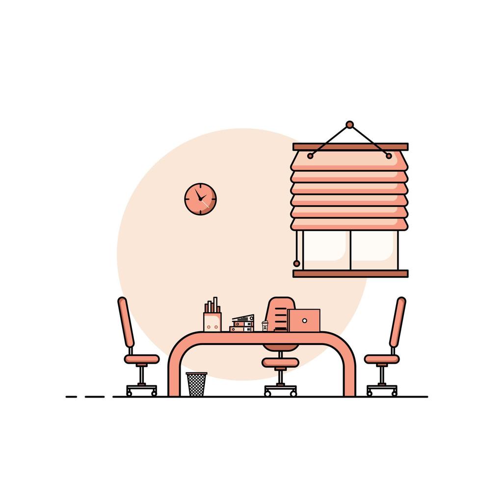 Arbeitstisch flaches Design, Konzept der Arbeitstischeinrichtung mit Möbeln. Arbeitsraum mit Computer, Schreibtisch, Tisch, Stuhl, Buch und Schreibgeräten. Arbeit von zu Hause aus Cartoon-Illustration. vektor