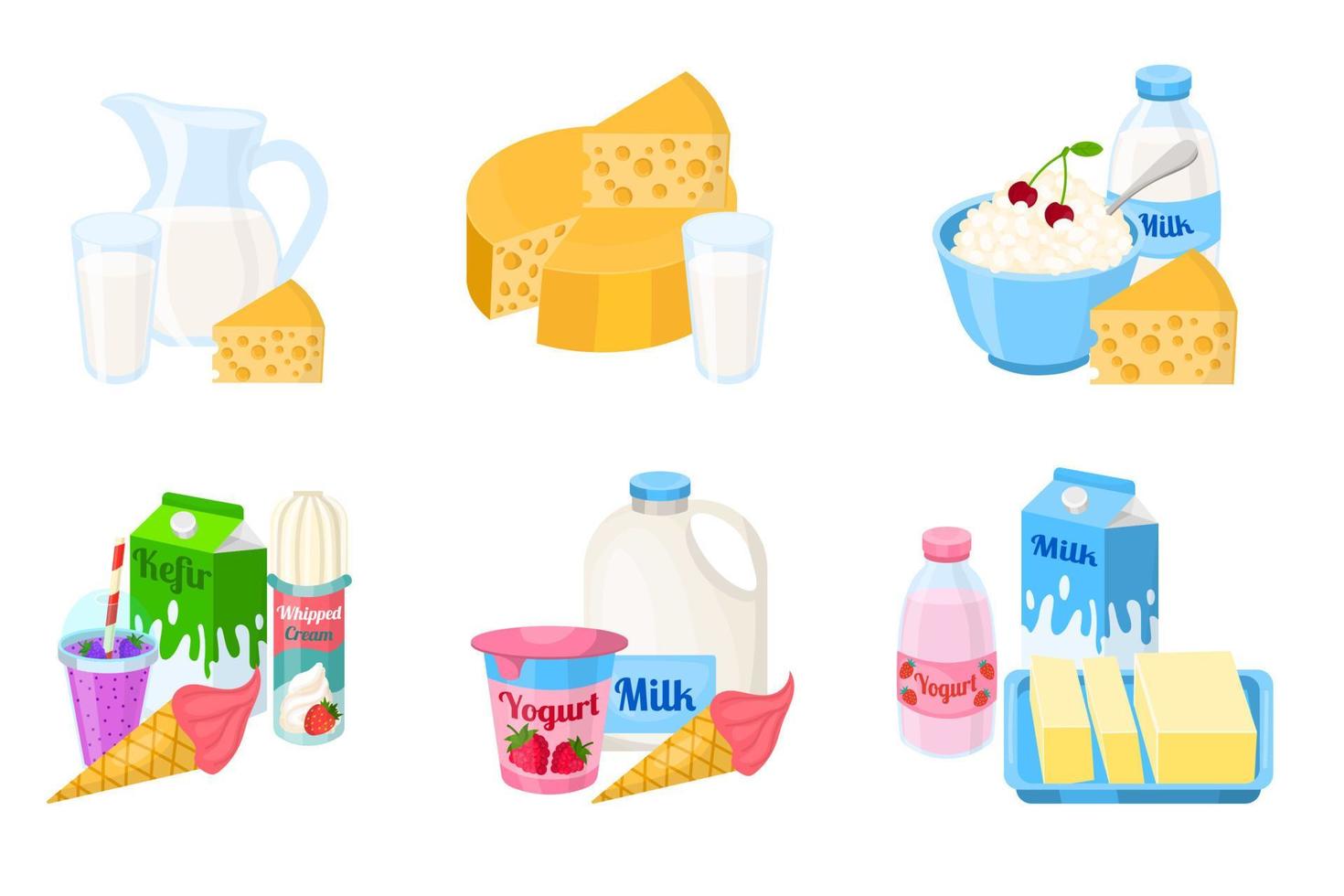 söta tecknade mejeriprodukter i platt stil isolerad på vit bakgrund. mjölk och kefir, yoghurt och keso, vispad grädde och glass, ost. vektor