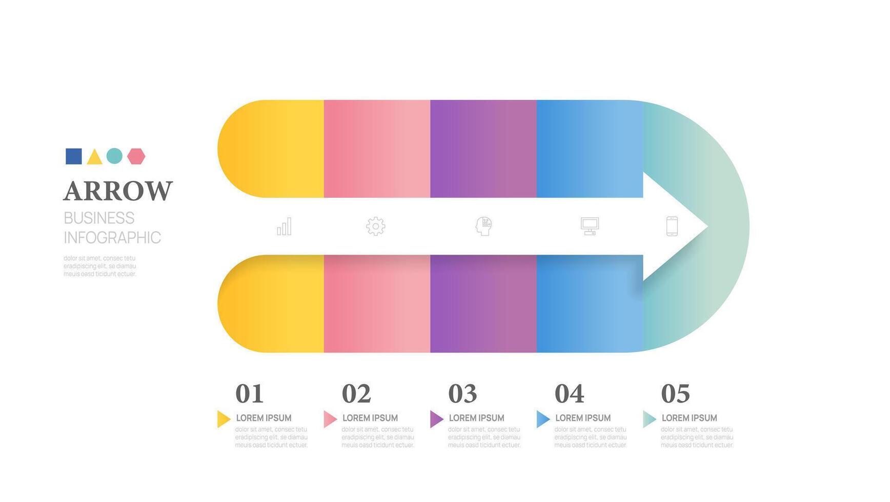 Infografik Vektor Pfeil Vorlage mit 5 Schritte zum Geschäft. 3d Papier Etikett. zum Inhalt, Broschüre, Diagramm, Zeitleiste, Netz Design. Vektor