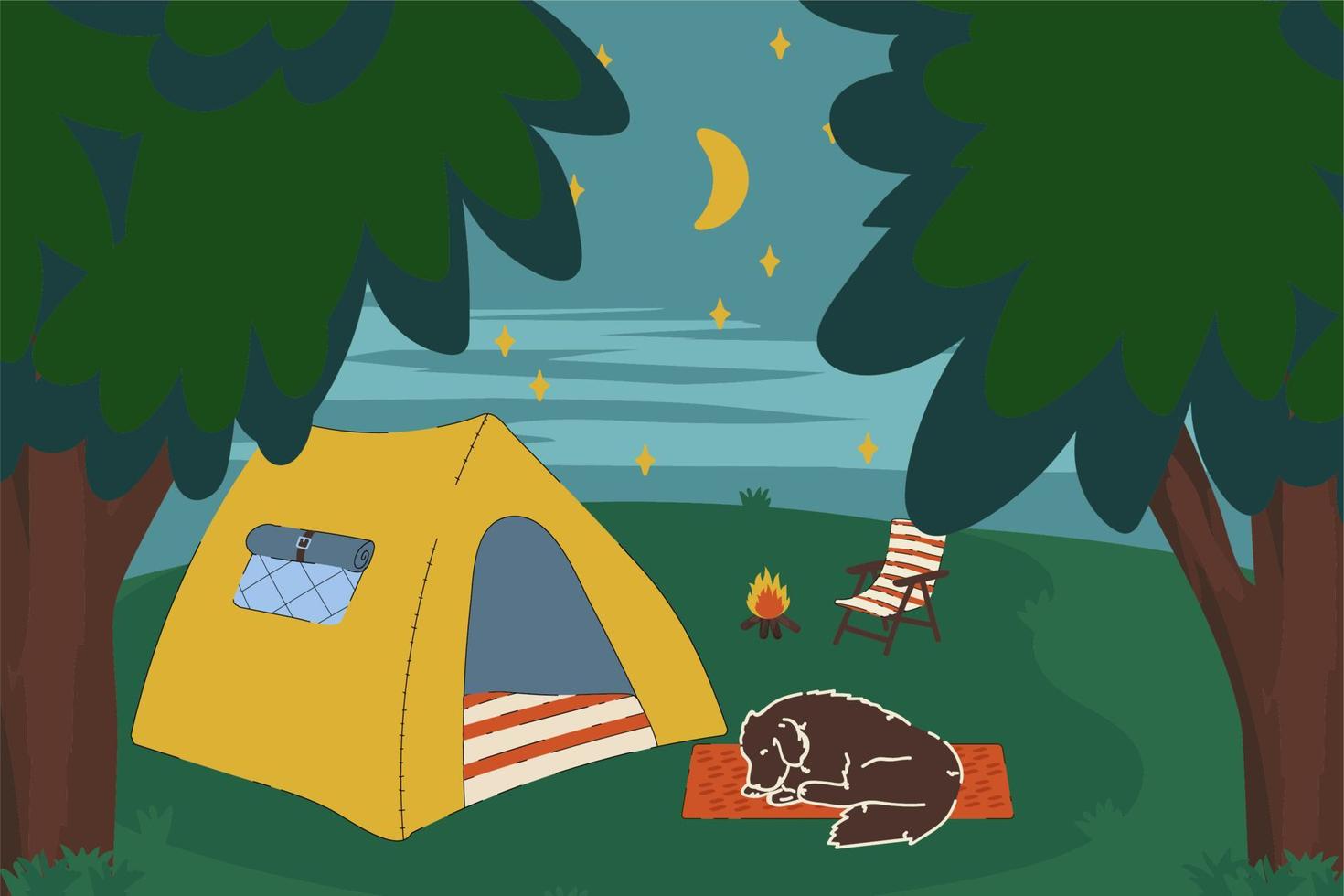 Nachtcamping mit Zelt. das konzept eines wohnmobils im wald mit lagerfeuer mit hund für einen landurlaub. Abbildung im Vektorleben im Wald. Vektor-Illustration vektor