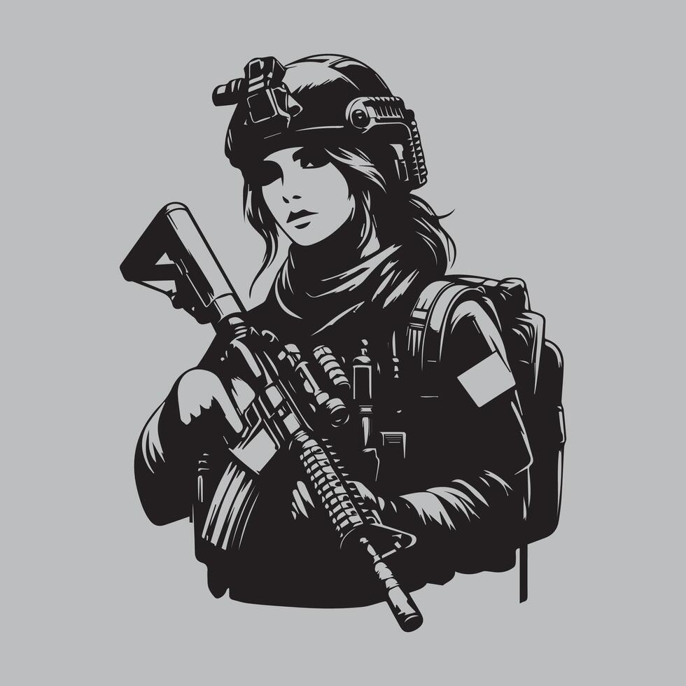 Vektor Illustration von ein Frau Soldat mit ein Gewehr