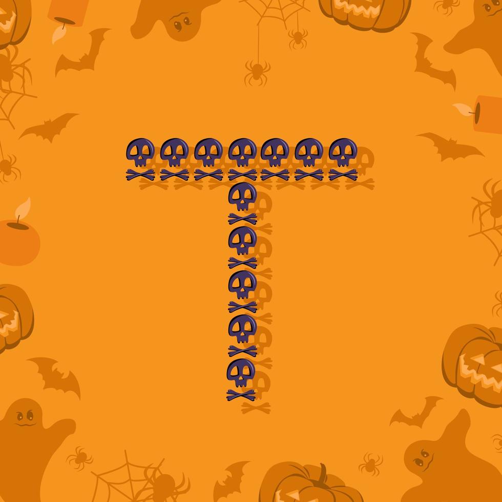 halloween bokstaven t från skalle och korsben för design. festligt teckensnitt för semester och fest på orange bakgrund med pumpor, spindlar, fladdermöss och spöken vektor