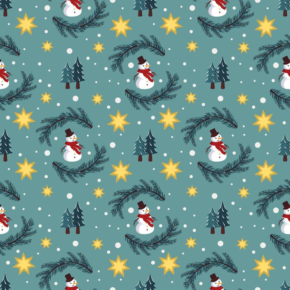 nahtloses Weihnachtsmuster mit Schneemännern, Tannen, Sternen und Schneeflocken auf blauem Hintergrund. heller Druck für Neujahr und Winterurlaub, Geschenkpapier, Textilien und Design. vektor