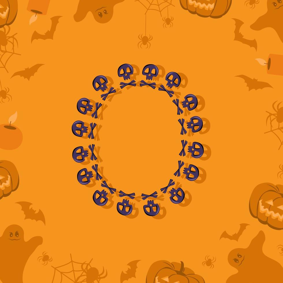 Halloween-Buchstabe o aus Totenköpfen für Design. festliche Schrift für Urlaub und Party auf orangem Hintergrund mit Kürbissen, Spinnen, Fledermäusen und Geistern vektor