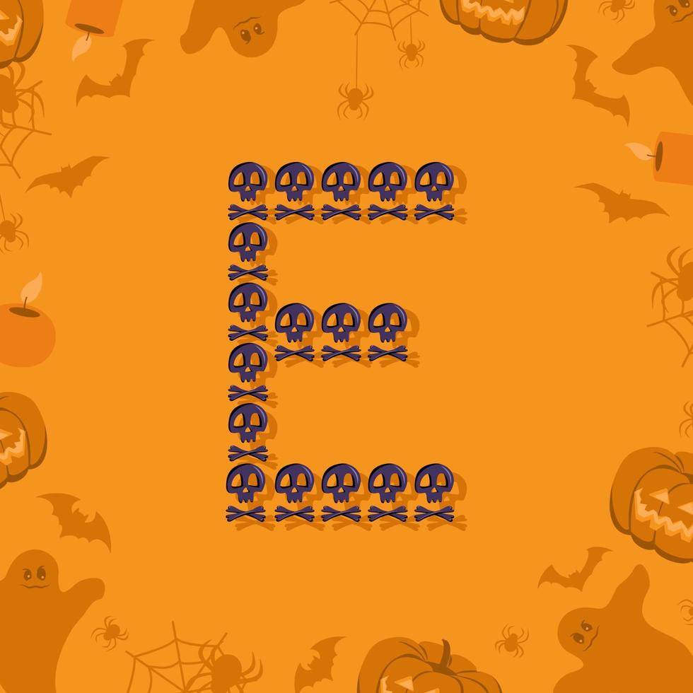 halloween bokstaven e från skalle och korsben för design. festligt teckensnitt för semester och fest på orange bakgrund med pumpor, spindlar, fladdermöss och spöken vektor