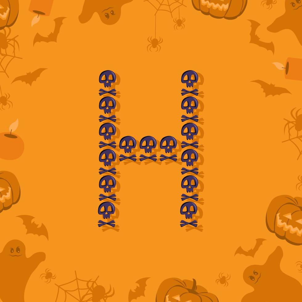 halloween bokstaven h från skalle och korsben för design. festligt teckensnitt för semester och fest på orange bakgrund med pumpor, spindlar, fladdermöss och spöken vektor