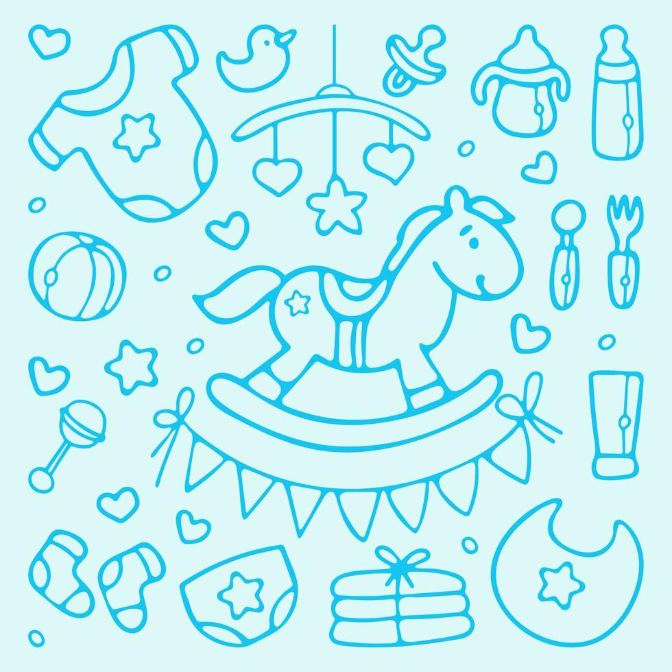 baby shower och babycare tillbehör vektor set. tecknad doodle disposition av pojke nyfödda föremål och element för plantskola inredning, design inbjudan, gratulationskort