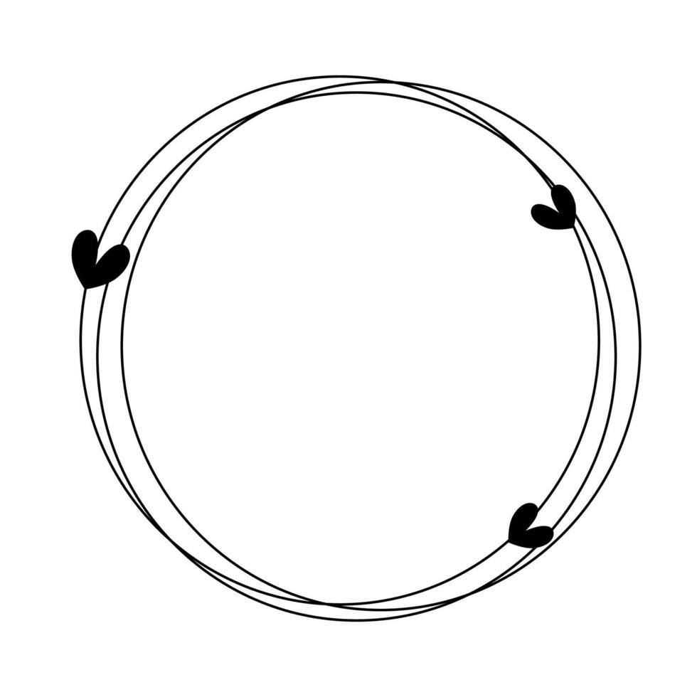 hjärta klotter monokrom dekorativ ram med handritad cirkel och hjärta dekoration. vektor illustration