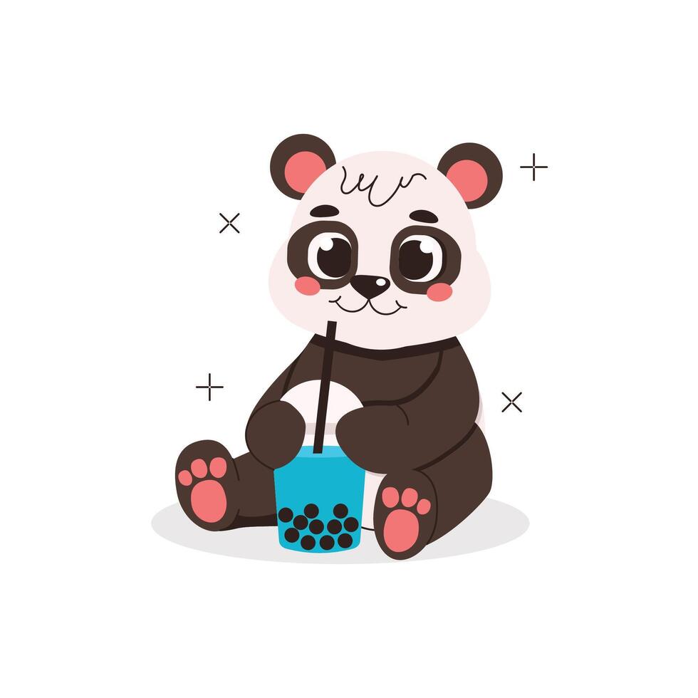 illustration från en samling av söt djur. panda sitter och drycker en dryck med bubblor. vektor grafisk.