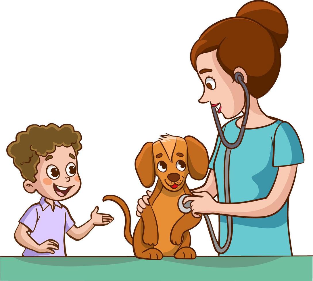 Illustration von ein wenig Junge reden zu ein Tierarzt mit ein Hund vektor