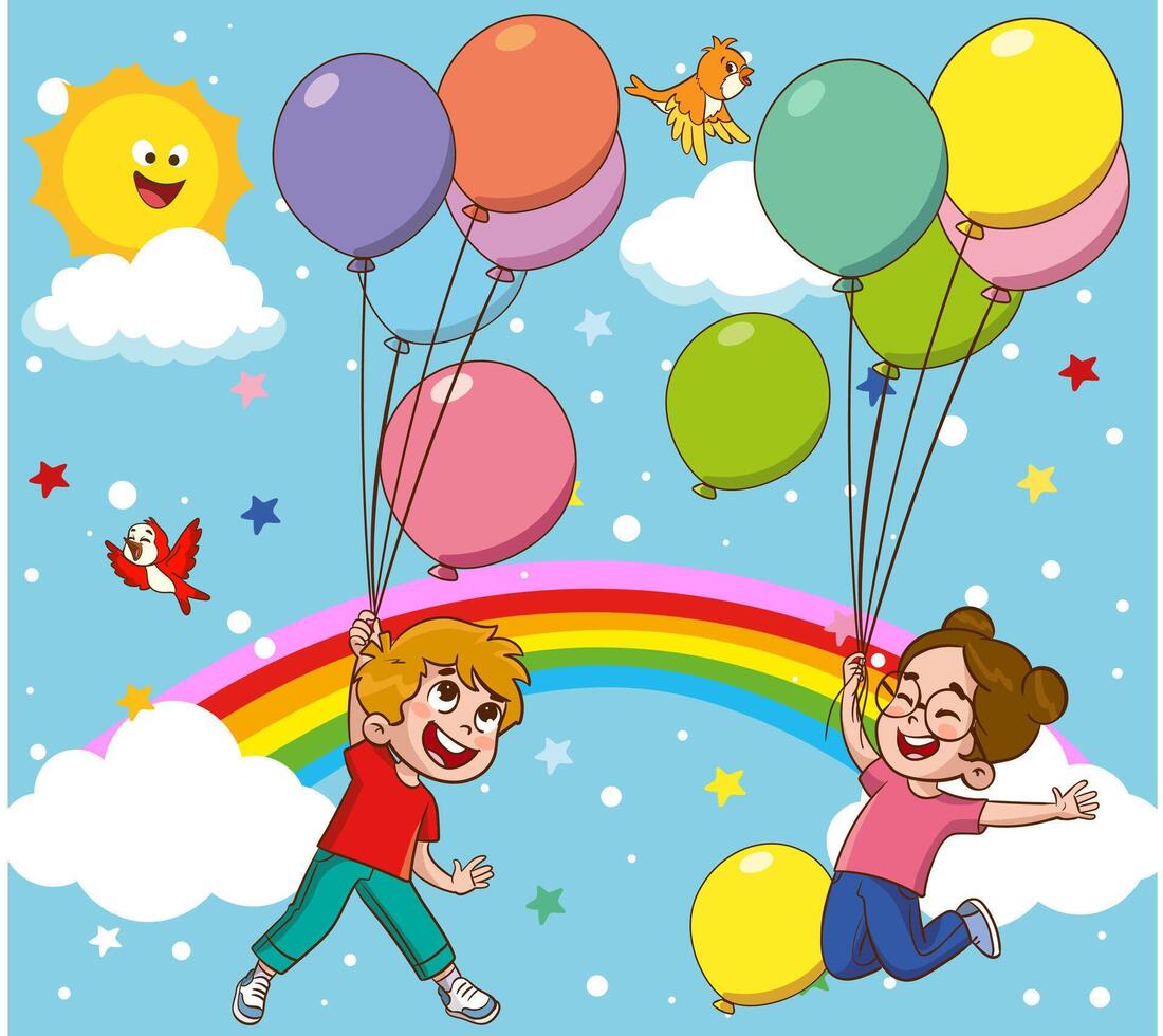 Kinder fliegend auf Luftballons im das Himmel mit Regenbögen und Wolken Illustration vektor