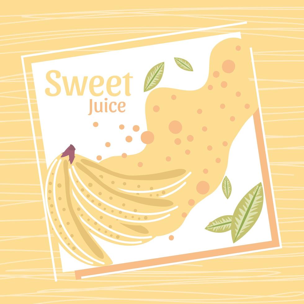 süßer Saft Früchte Bananenspritzer und Blätter Karte vektor