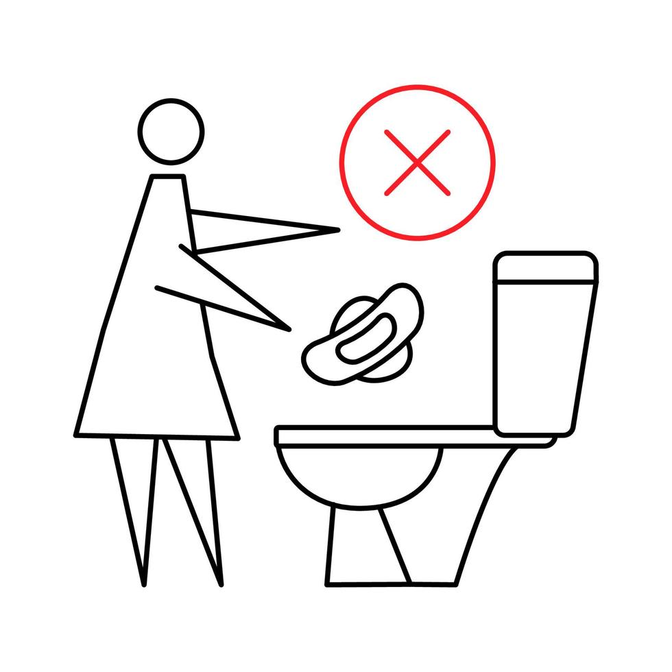 spülen Sie Damenbinden nicht in die Toilette. werfen Sie keine Gegenstände in die Toilette. Frau, die Damenbinde spült, Verbotszeichen. Stoppen Sie die Verschmutzung in der Toilette. bearbeitbarer Strich vektor