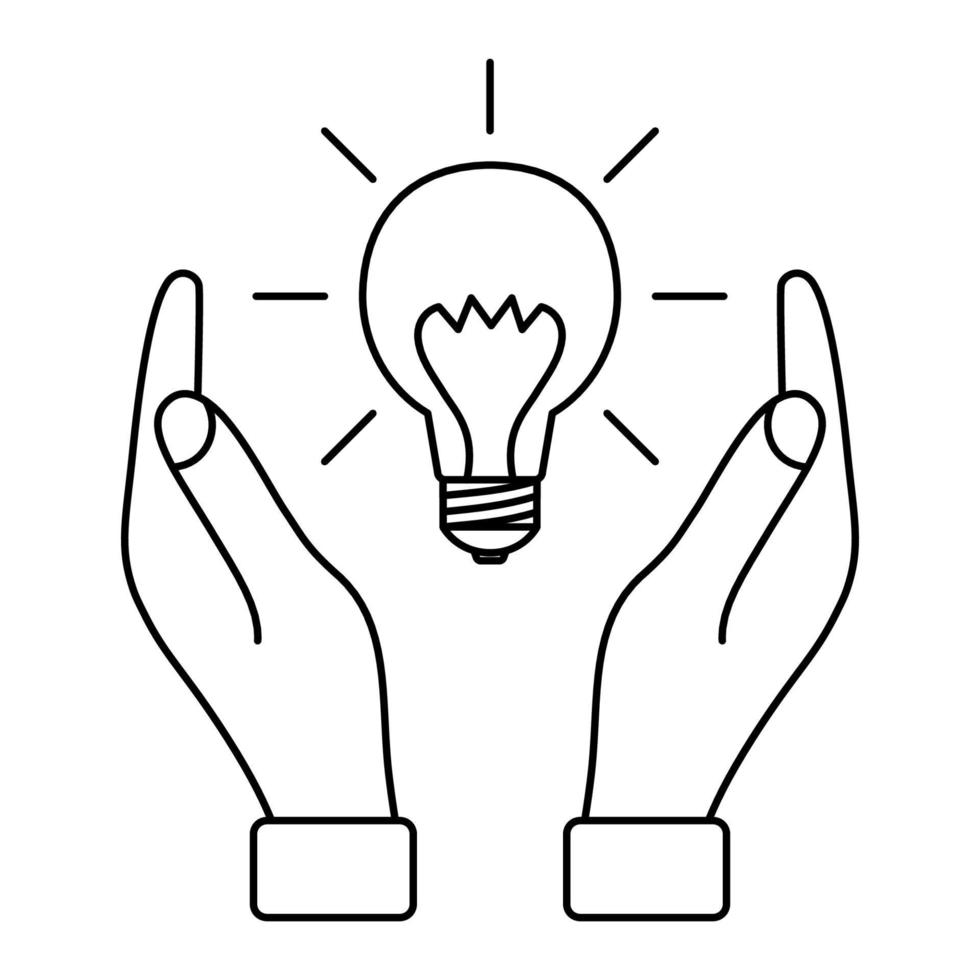 Glühbirne mit Strahlen zwischen zwei Händen. Konzept der Ideen, Inspiration, effektives Denken. Umweltschutzkonzept. kreative Problemlösung. bearbeitbarer Strich vektor