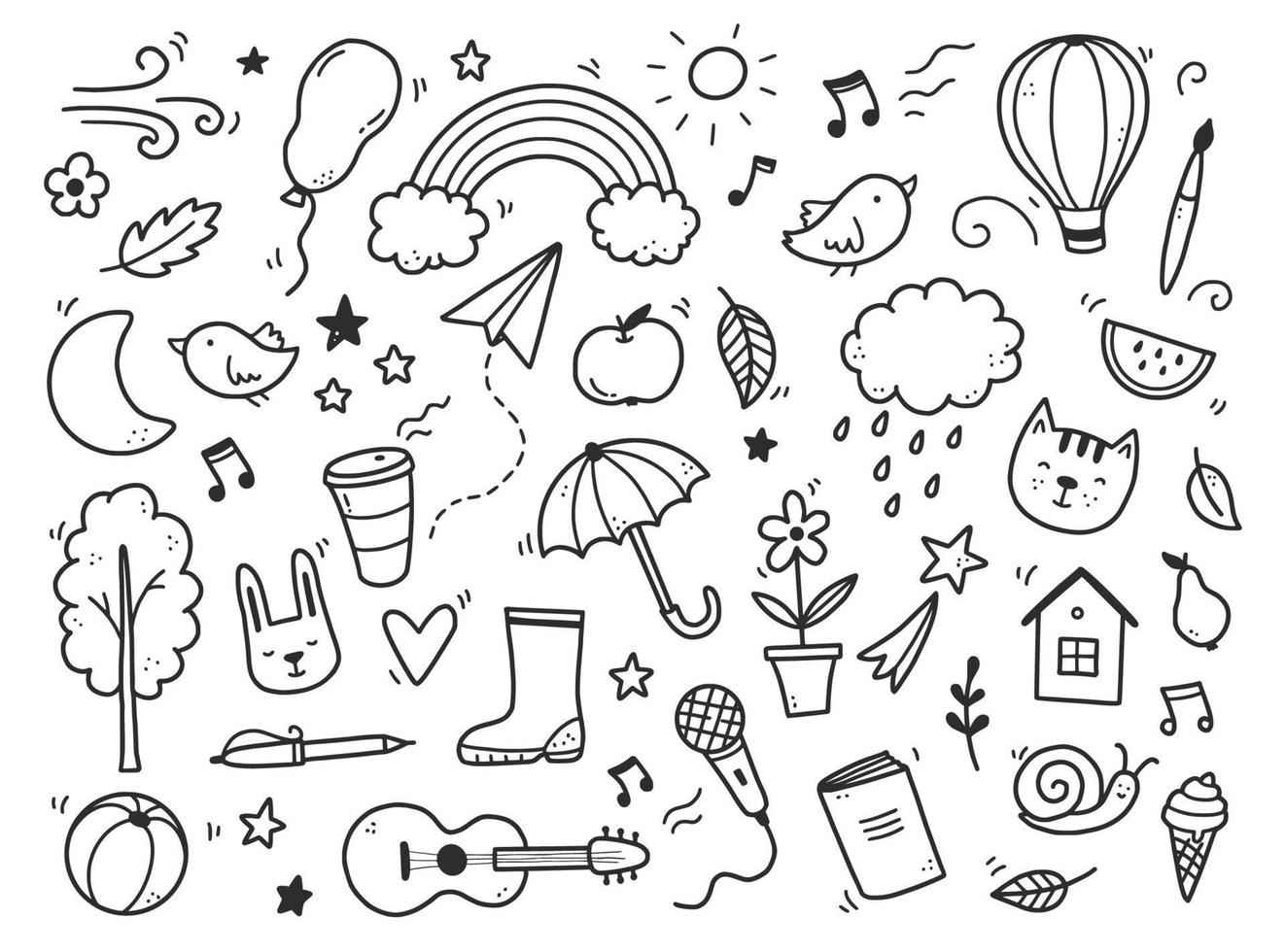 söt doodle med moln, regnbåge, sol, djur vektor