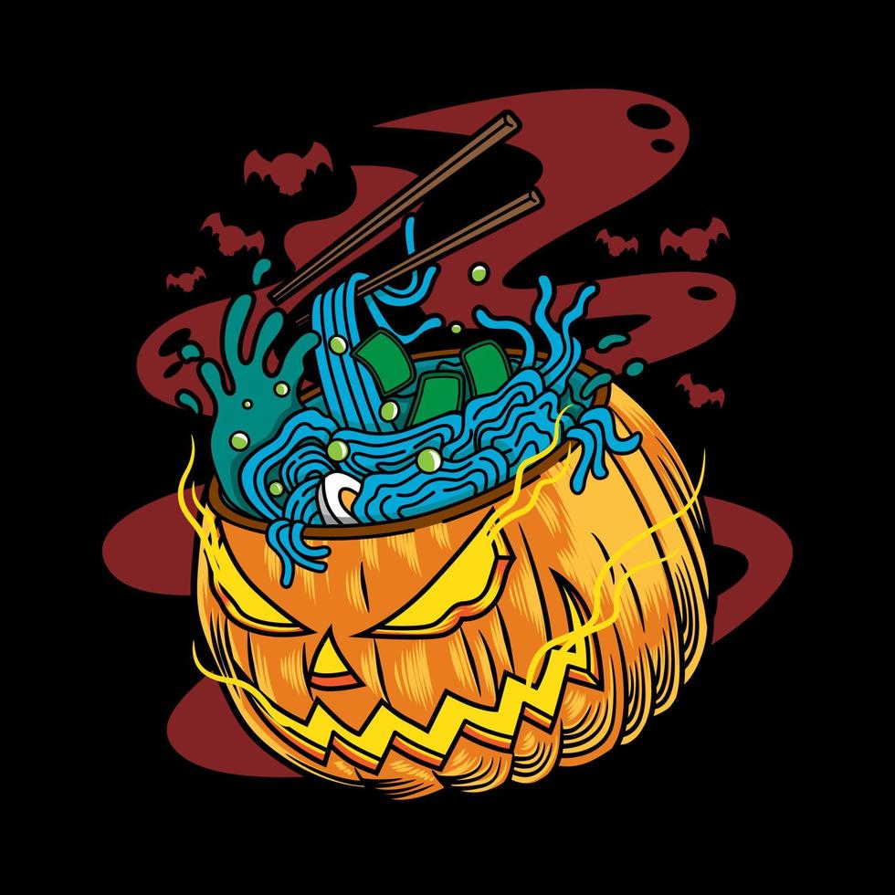 Halloween-Cartoon-Kürbis-Ramen-Nudel Vintage-Logo-Vektor-Symbol handgezeichnete Illustration vektor