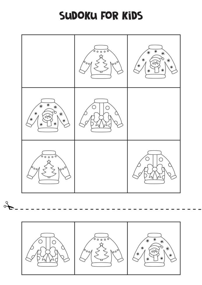 Sudoku-Spiel für Kinder mit schwarzen und weißen Weihnachtspullovern. vektor