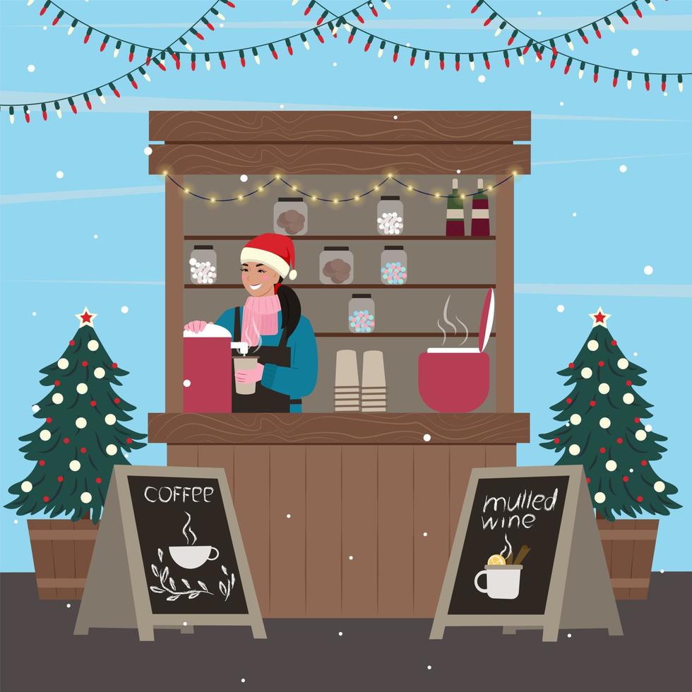 Weihnachtsstände. Frau, die Kaffee und Glühwein an der kiosk.vector Illustration verkauft. vektor