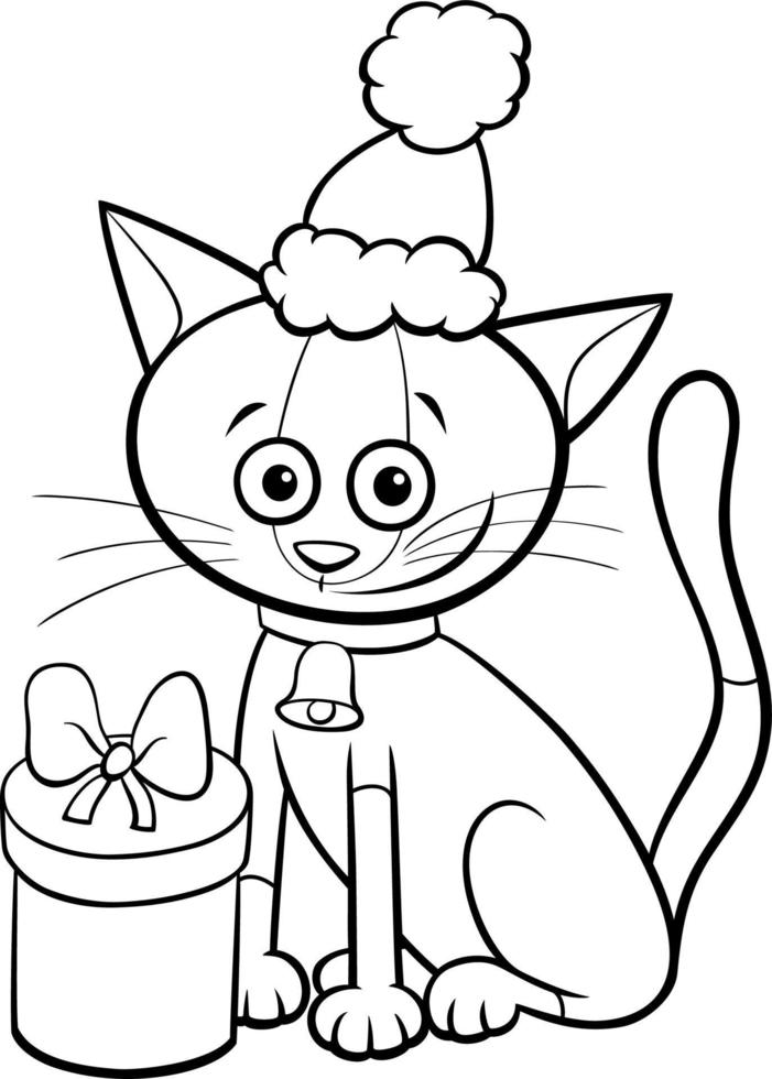 Cartoon Katze mit Glocke und Geschenk auf Weihnachten Malbuchseite vektor