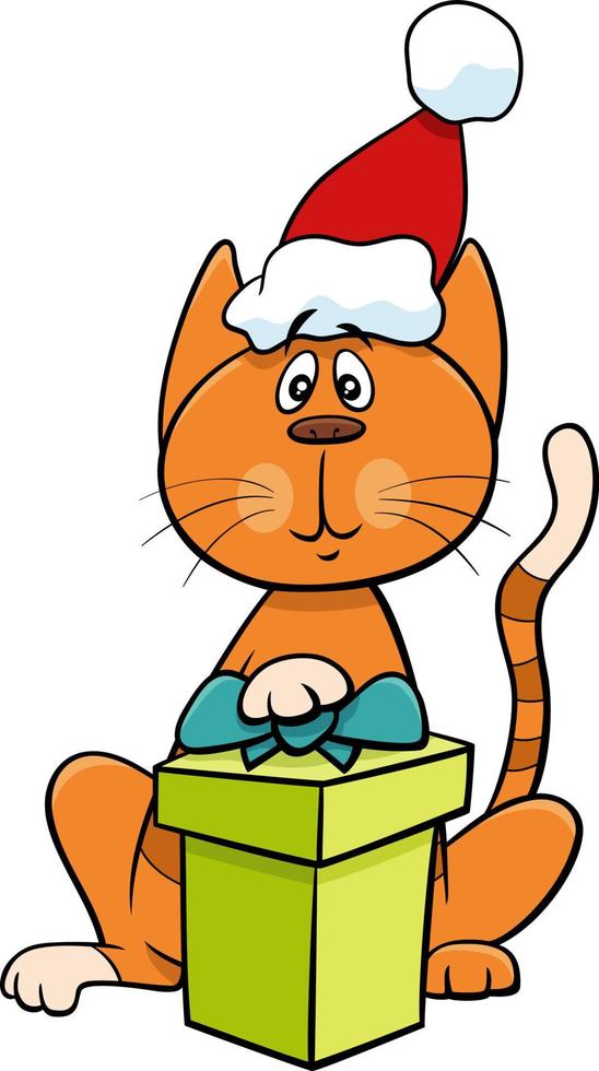 tecknad katt med gåva på juletid vektor