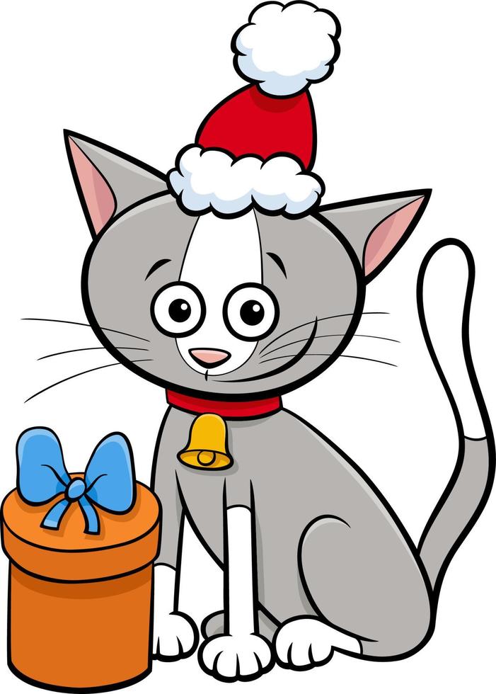 Cartoon-Katze mit Glocke und Geschenk zur Weihnachtszeit vektor