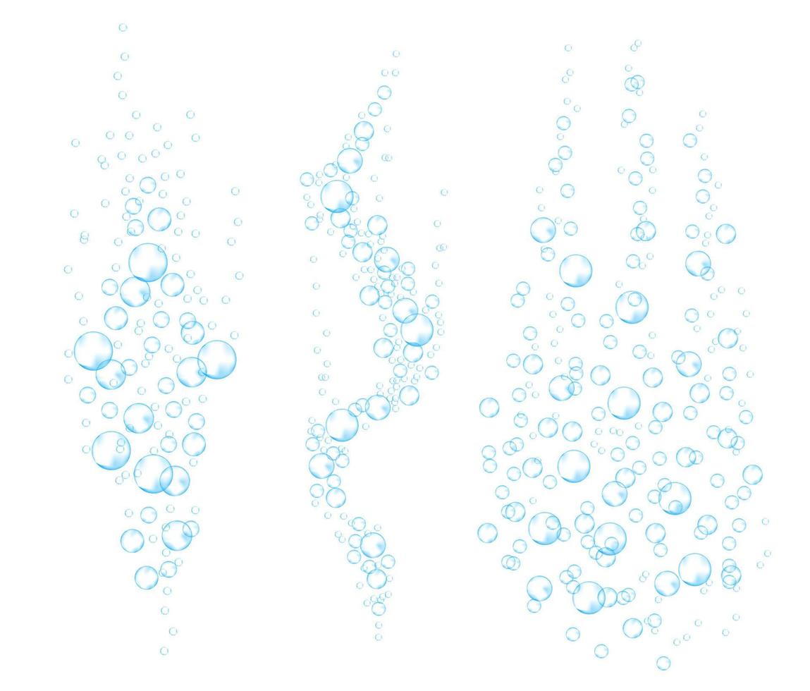 Unterwasserblasen von sprudelndem Soda. Luftströmungen. Tabletten auflösen. realistischer Sauerstoff-Pop in Brausegetränk. blauer Vektor funkelt auf weißem Hintergrund.