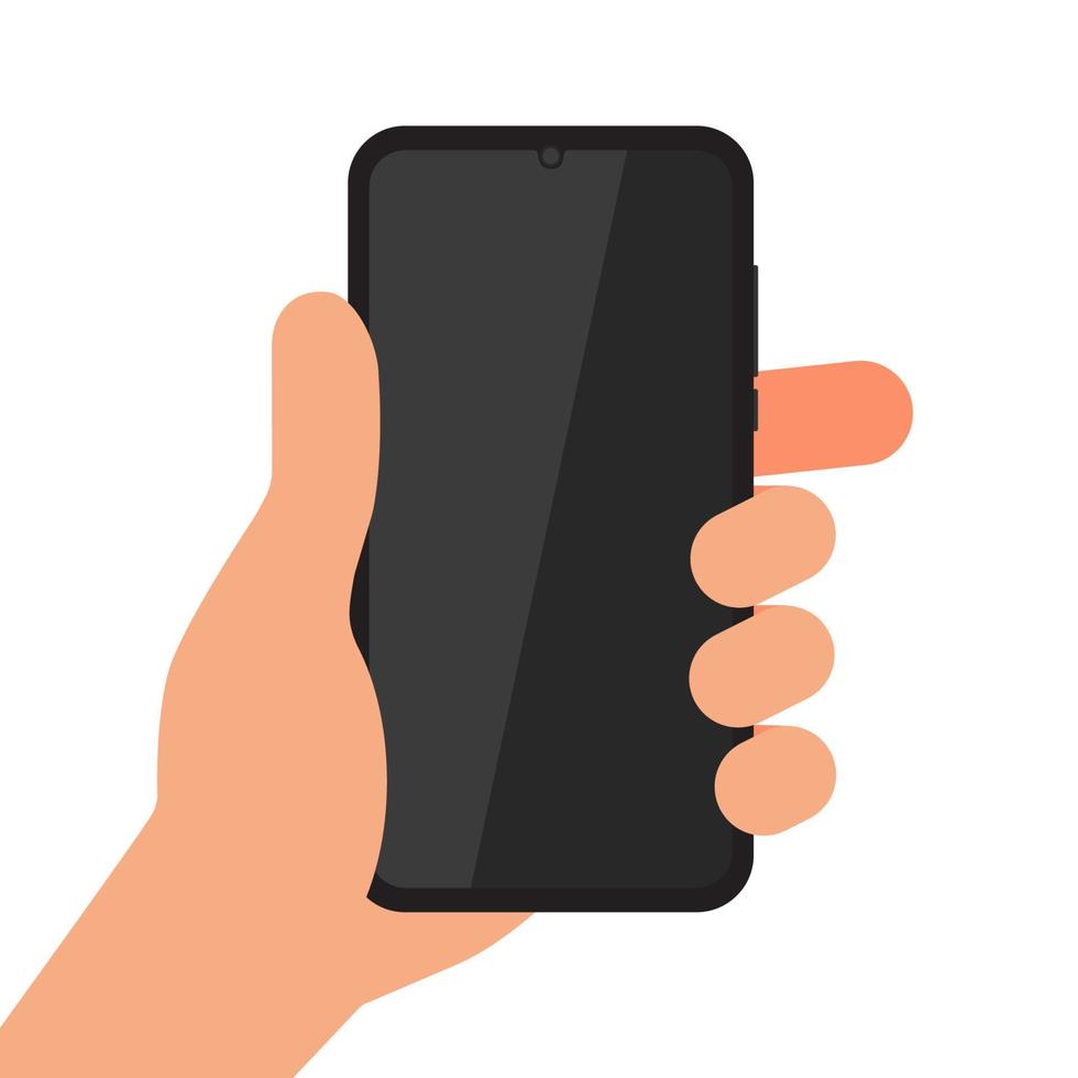Hand mit schwarzem Handy isoliert auf weißem Hintergrund. Smartphone auf menschlicher Handvektorillustration vektor