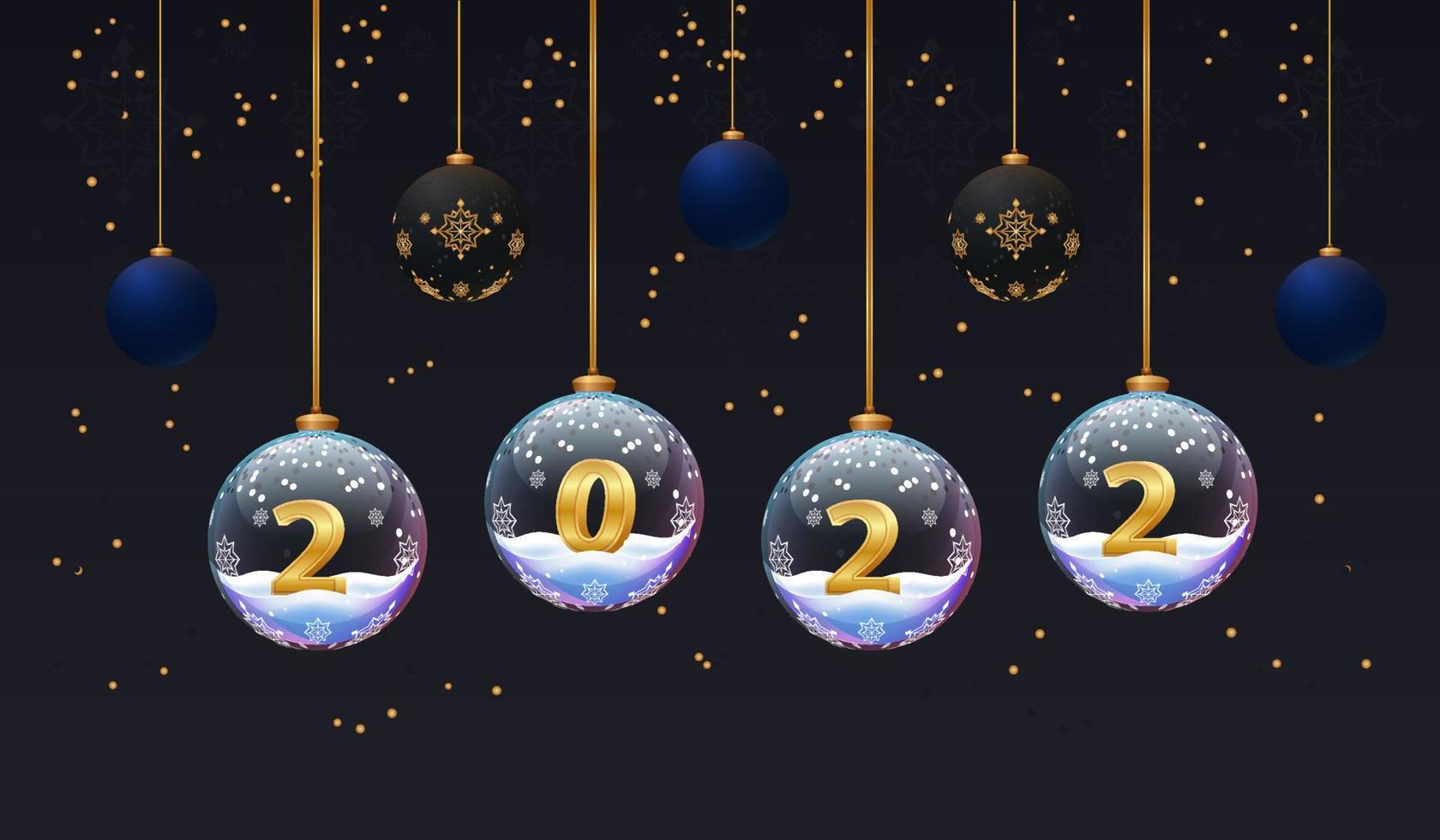 Neujahrsplakat 2022. dunkler Hintergrund. Weihnachtsbanner mit Glaskugeln mit Zahlen und Schnee. Flyer-Design-Vorlage vektor