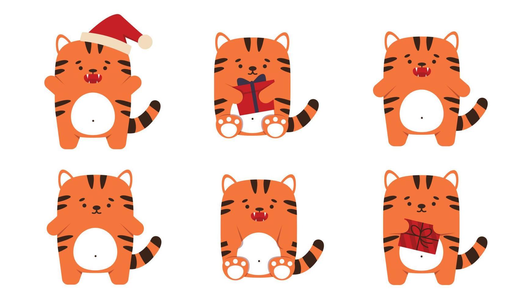 uppsättning söta små tigrar katter i en platt stil. djursymbol för kinesiskt nyår 2022. en arg, nöt orange tiger står och sitter med en fisk. för en banderoll, barns inredning. vektor illustration.