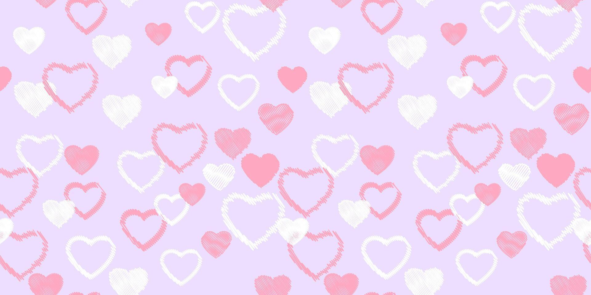 sömlös enkel mönster med hand dragen vektor skiss hjärtan. skriva ut med uppsättning textur hjärta silhuetter översikt. alla hjärtans dag, kärlek ljus rosa lila bakgrund. mall för textil, mode, skriva ut