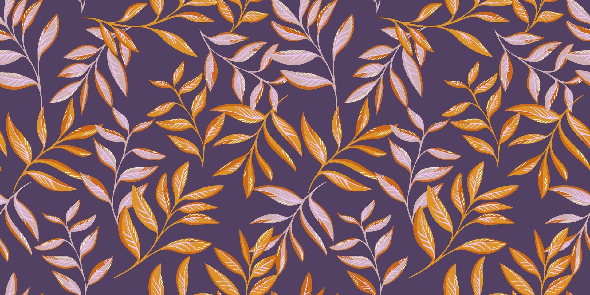 Eleganz Gold Blätter Geäst nahtlos Muster. Vektor Hand gezeichnet skizzieren. künstlerisch stilisiert Stängel Blatt drucken. abstrakt botanisch Blumen- auf ein violett Hintergrund. Design zum Mode, Stoff, Hintergrund.