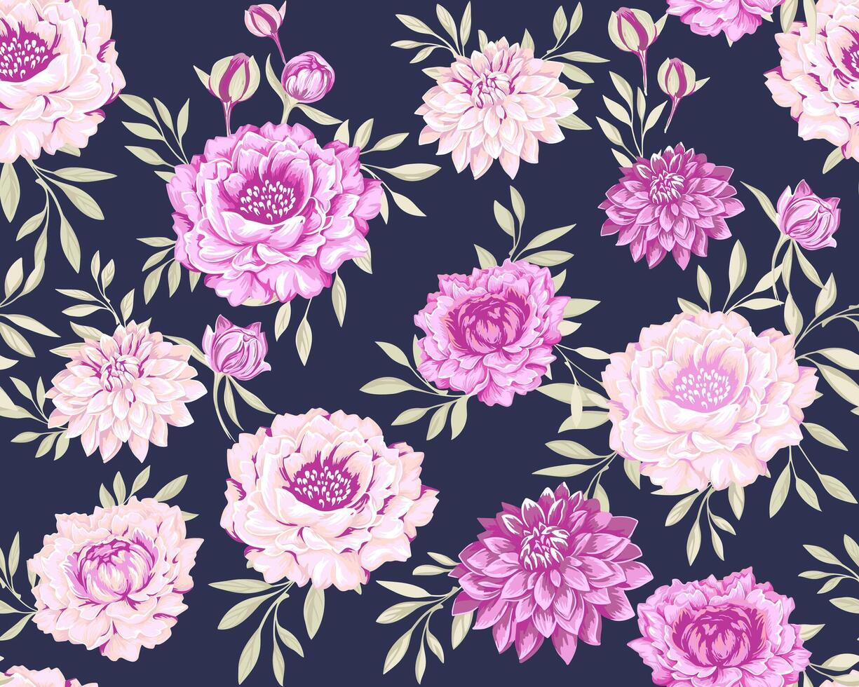 skön konstnärlig rosa blommig och mycket liten grenar löv på en mörk svart bakgrund. stiliserade abstrakt blommor pioner georginer och knoppar utskrift. vektor dragen illustration. design för mode