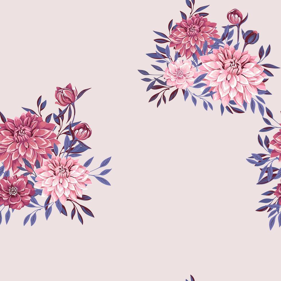 Eleganz Blumensträuße Blumen Dahlien und winzig sanft Geäst Blätter nahtlos Muster. abstrakt, künstlerisch Blumen- auf ein Licht Hintergrund. Vektor gezeichnet Illustration. Design zum Mode, Textil, Drucken