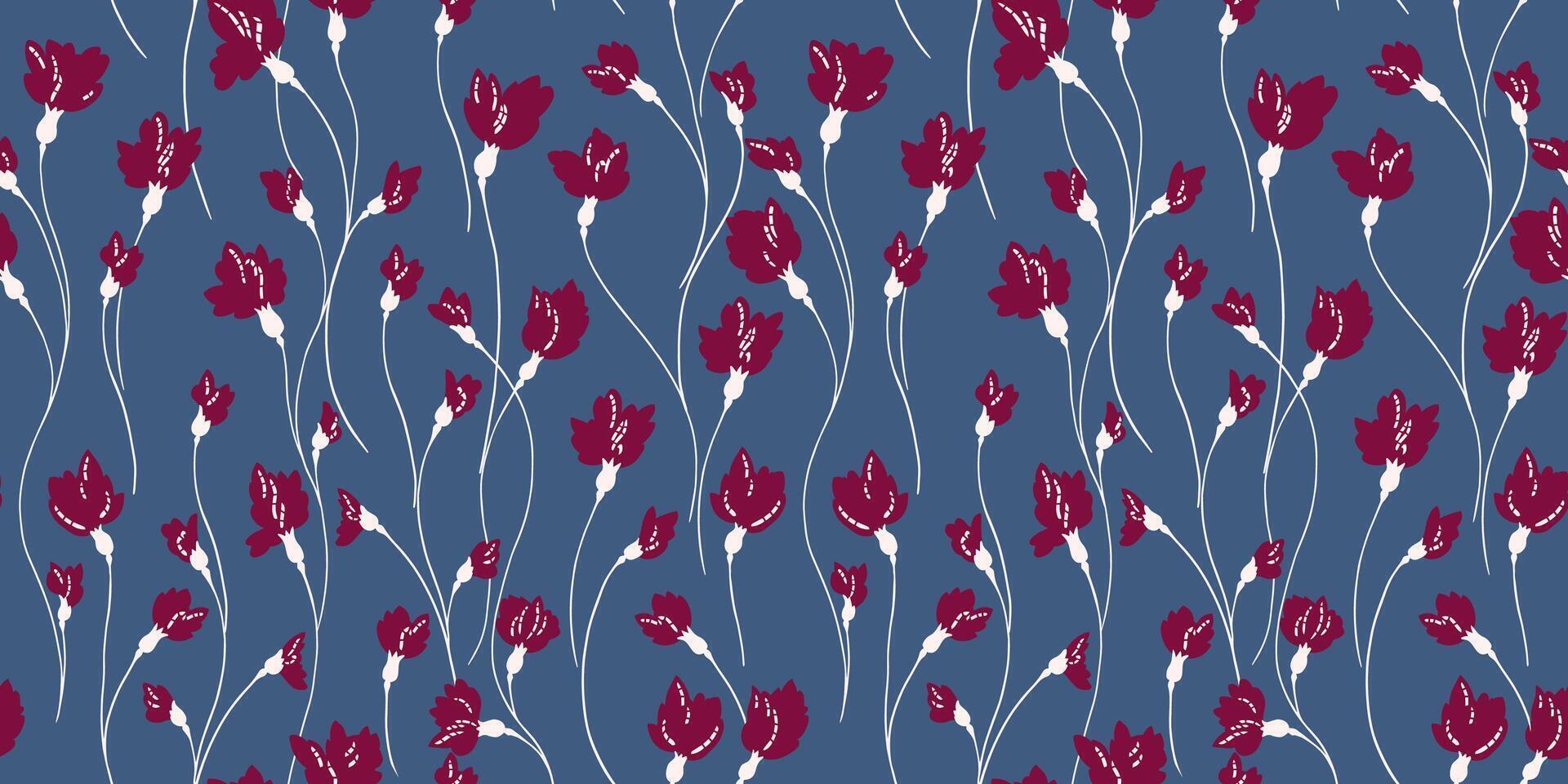 nahtlos einfach kreativ Geäst ditsy Blumen verflochten im ein Muster. abstrakt süß Blumen- Drucken auf ein Blau Hintergrund. Vektor Hand gezeichnet skizzieren. Design zum Mode, Textil, Stoff, Hintergrund