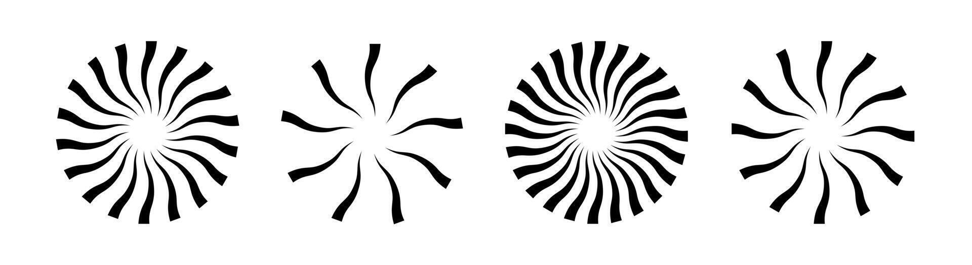 Starburst Streifen runden Satz. Strahl Linien ausgehen von das Center von das Kreis. Pack von geometrisch Elemente. isoliert Vektor Illustration auf Weiß Hintergrund.