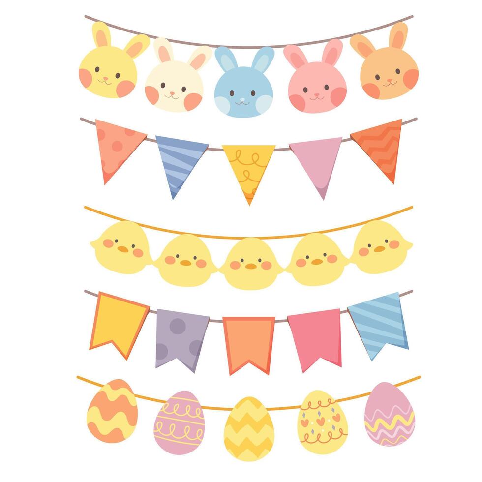 uppsättning av festlig kransar av flaggor och papper harar, kycklingar och ägg. vektor illustration i platt tecknad serie stil för påsk, barns högtider