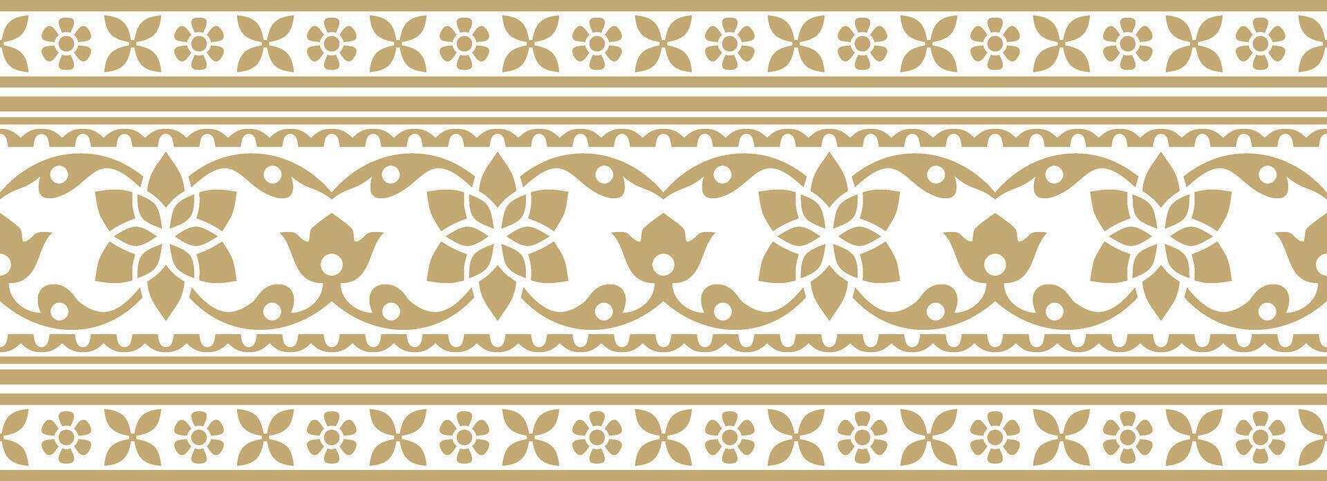 Vektor nahtlos Gold indisch National Ornament. ethnisch endlos Pflanze Grenze. Blumen rahmen. Mohnblumen und Blätter