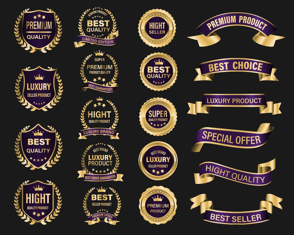 golden lila Luxus Prämie Qualität Etikette Abzeichen auf grau Hintergrund Vektor