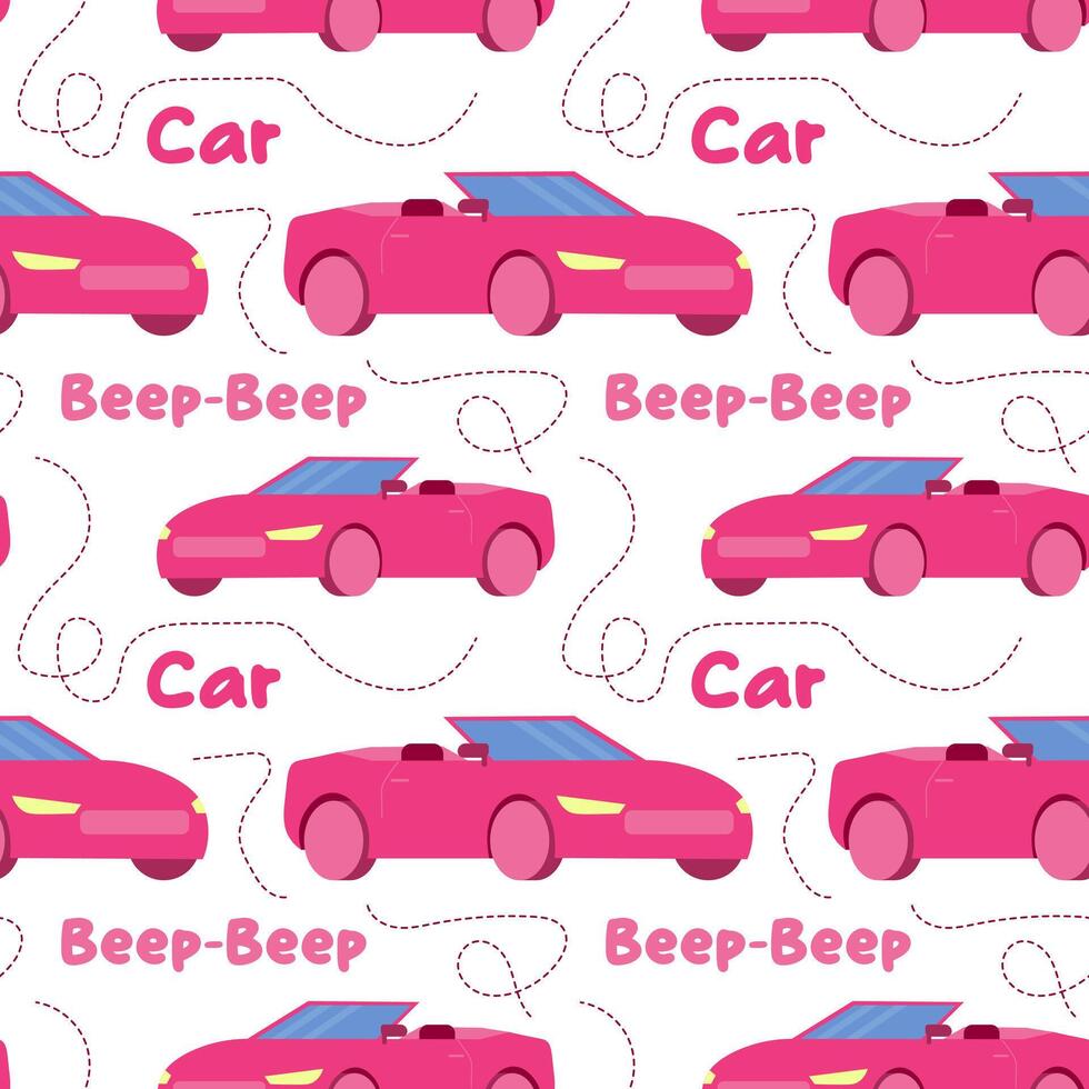 sömlös mönster av rosa konvertibel bil, klassisk bil. en leksak bil för en docka. vektor illustration.