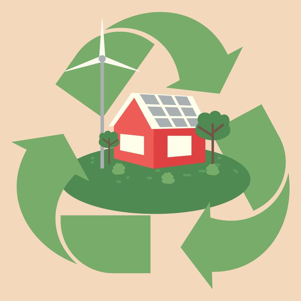 grön energi. miljövänlig och modern hus. sol- paneler, vind kraft station. vektor