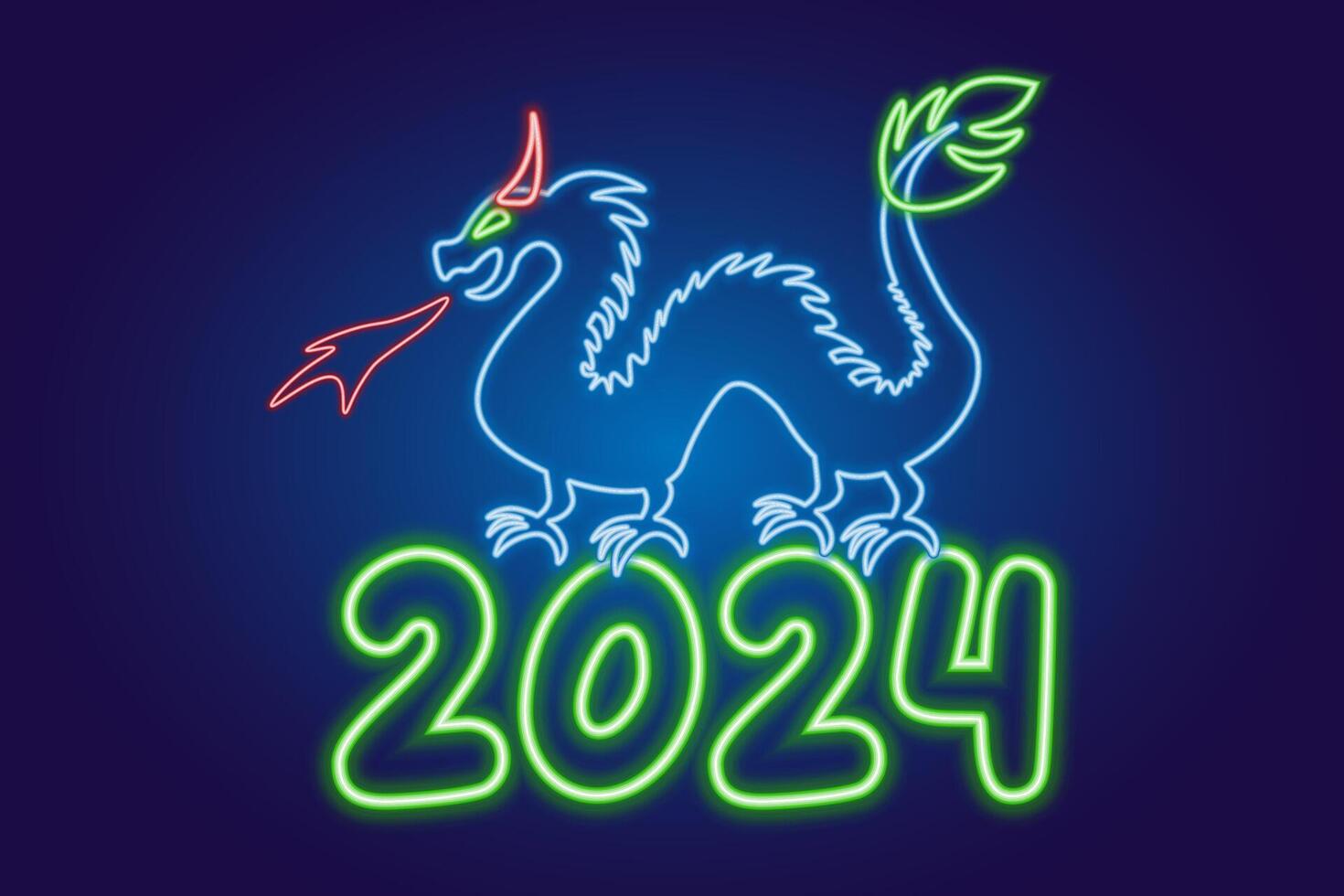 Neon- Drachen, Neu Jahr 2024. Vektor Illustration. das Konzept von festlich Banner, Gruß Karte.