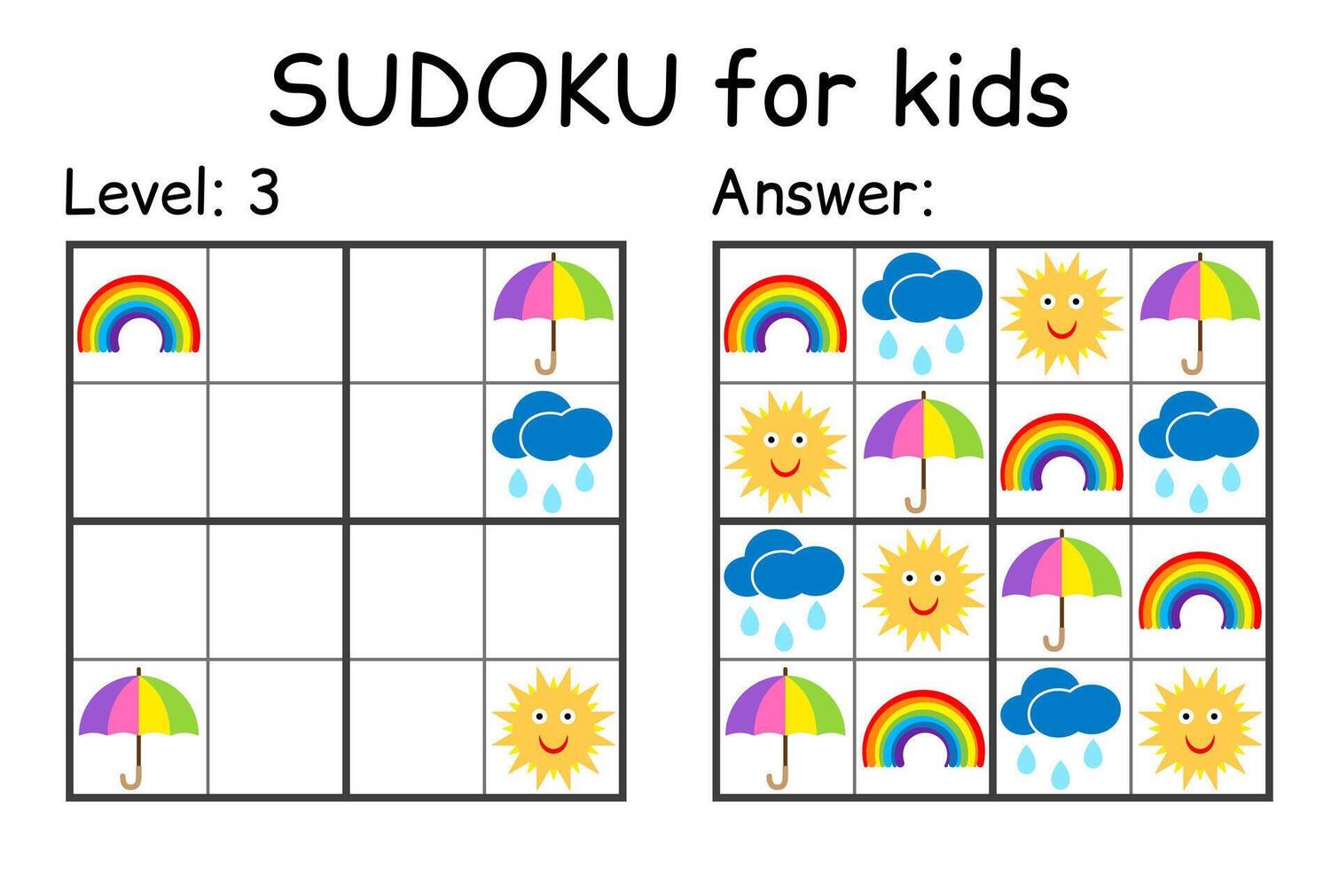 Sudoku. Kinder und Erwachsene mathematisch Mosaik. Kinder Spiel. Wetter Thema. Magie Quadrat. Logik Puzzle Spiel. Digital Rebus vektor