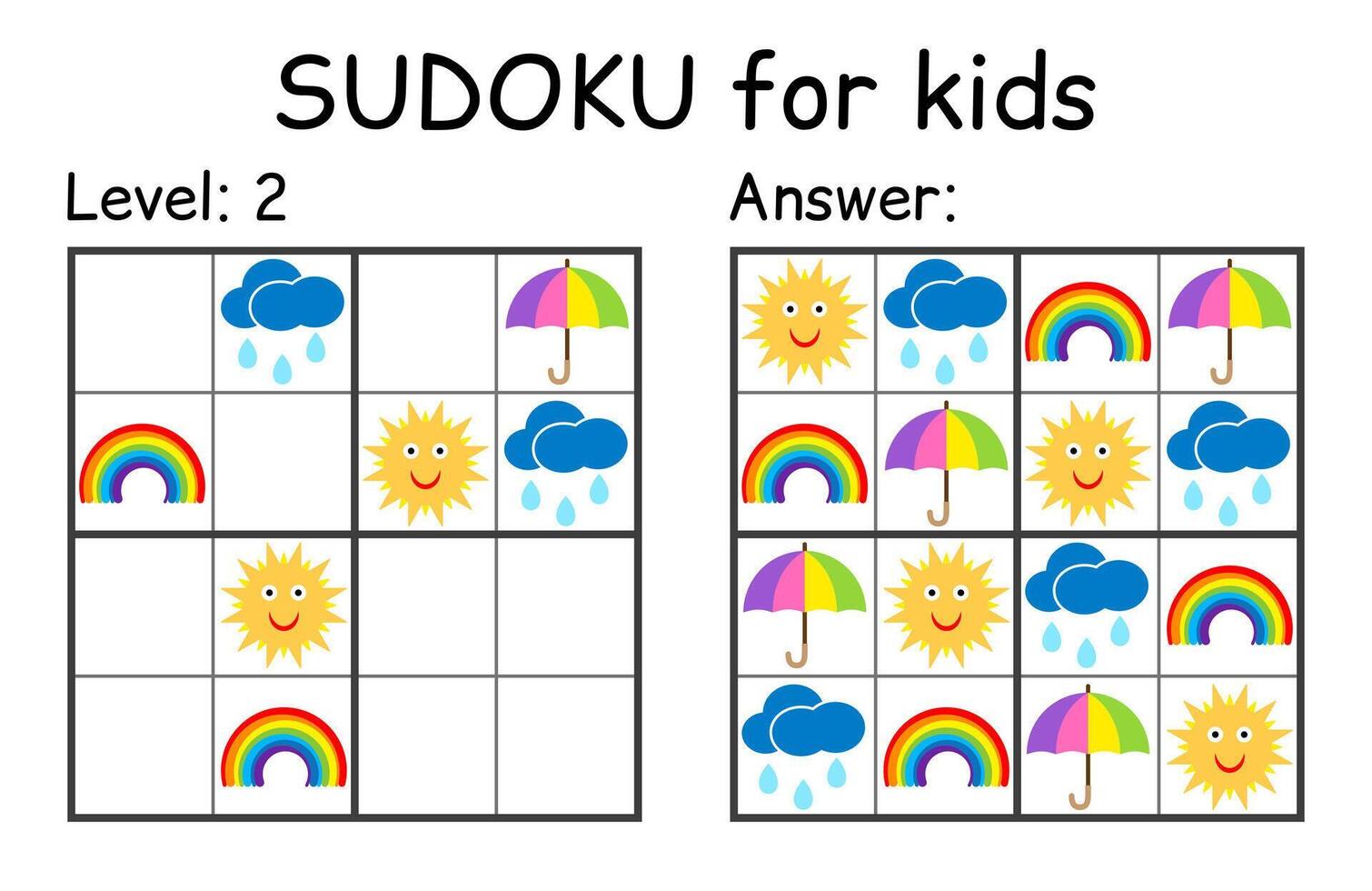 Sudoku. Kinder und Erwachsene mathematisch Mosaik. Kinder Spiel. Wetter Thema. Magie Quadrat. Logik Puzzle Spiel. Digital Rebus vektor