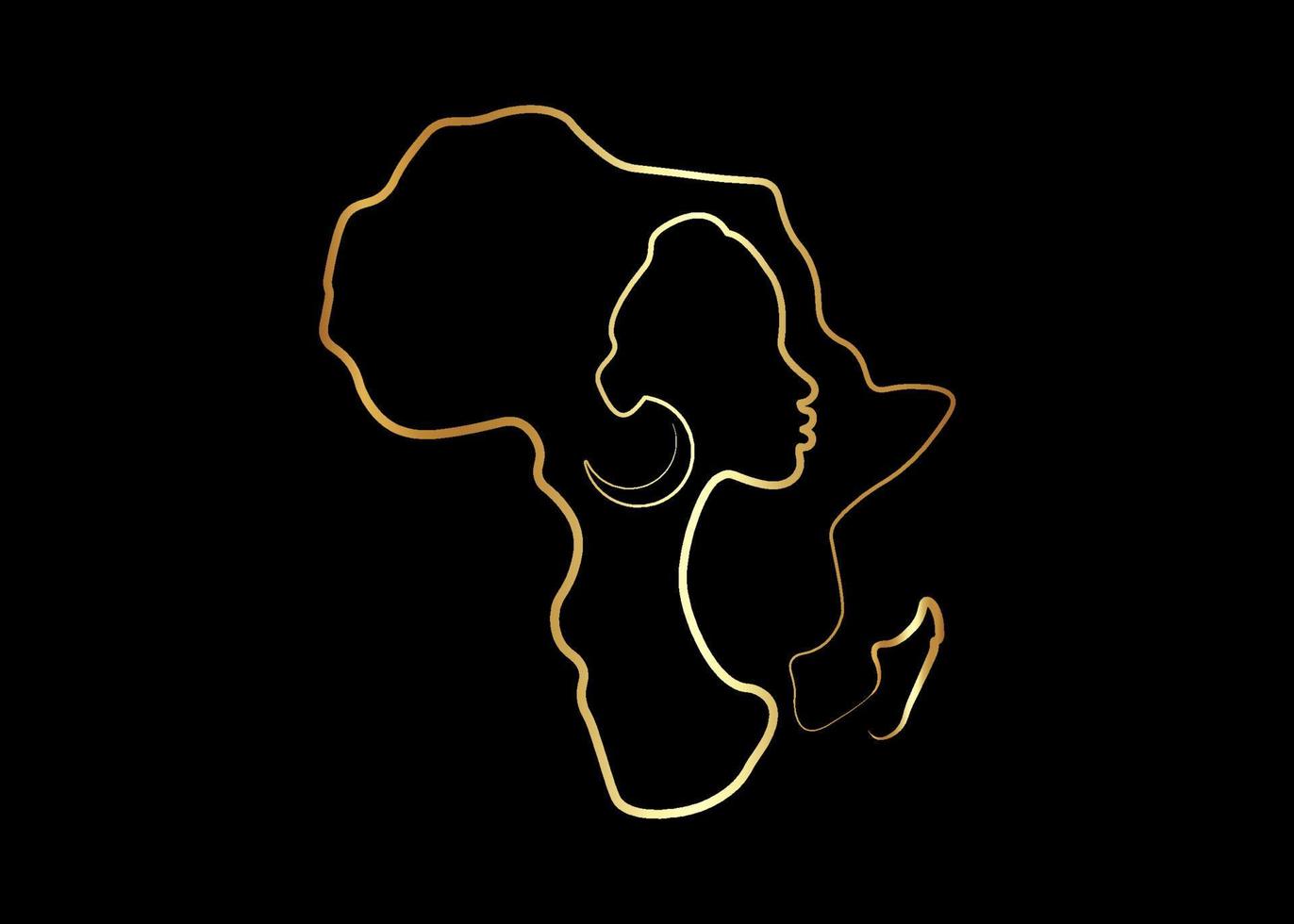 Schwarze afrikanische Frau im Goldlinien-Kunststil, durchgehende Strichzeichnung der Afro-Frau und der afrikanischen Kontinentkarte. Vektor-goldenes Linework-Symbol-Logo auf schwarzem Hintergrund isoliert vektor