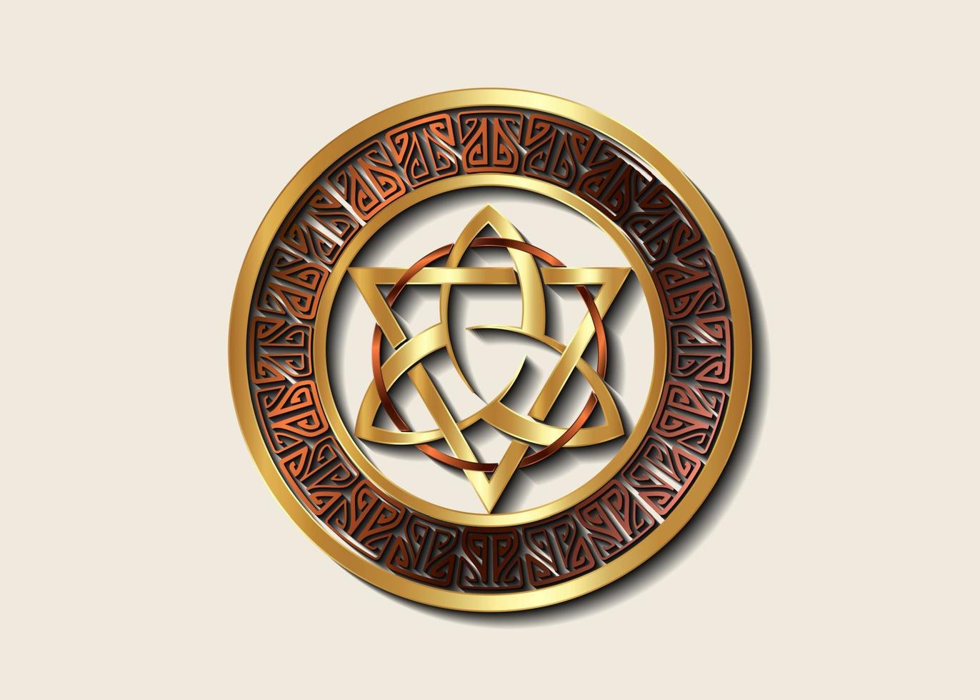 das große Siegel aus goldenem Triquetra mit Dreieck- und Bronzekreislogo, luxuriösem Metallrahmen-Trinity-Knoten, heidnischem keltischem Symbol dreifacher Göttin. Wicca-Zeichen, Buch der Schatten, Vektor isoliert auf weiß