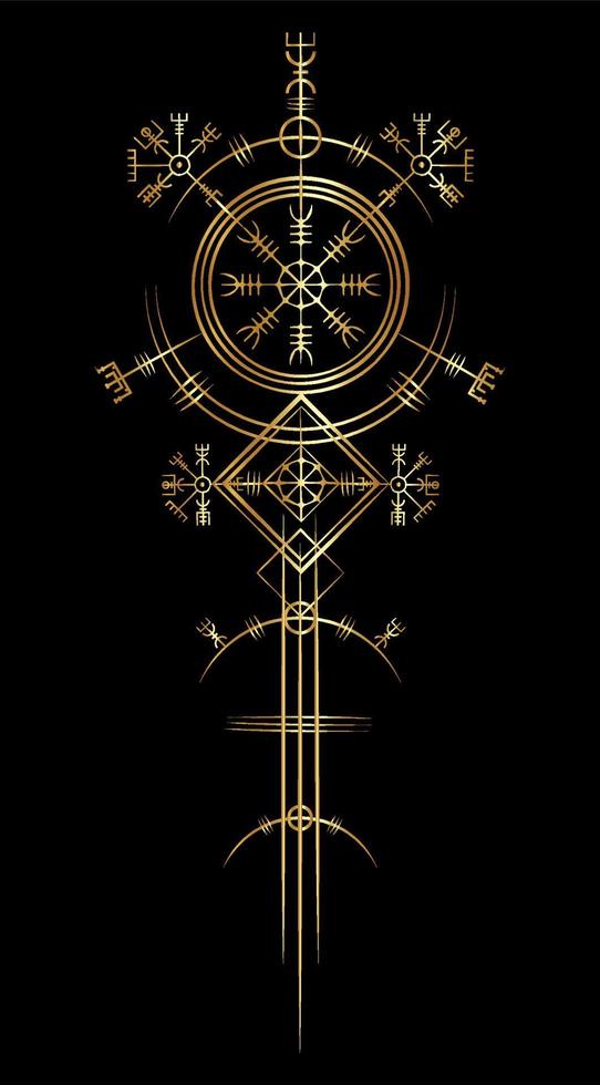 magisk antik viking art deco, guld vegvisir navigeringskompass gammal. vikingarna använde många symboler i enlighet med den norska mytologin, ofta används i vikingsamhället. logotyp ikon wiccan esoteriska tecken vektor