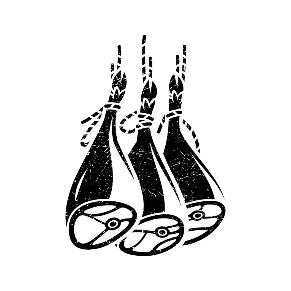 Schinken Bein auf hölzern Stand. Fleisch Bauernhof Schweinefleisch skizzieren. Spanisch Jamon Hand gezeichnet Gravur Illustration Vektor
