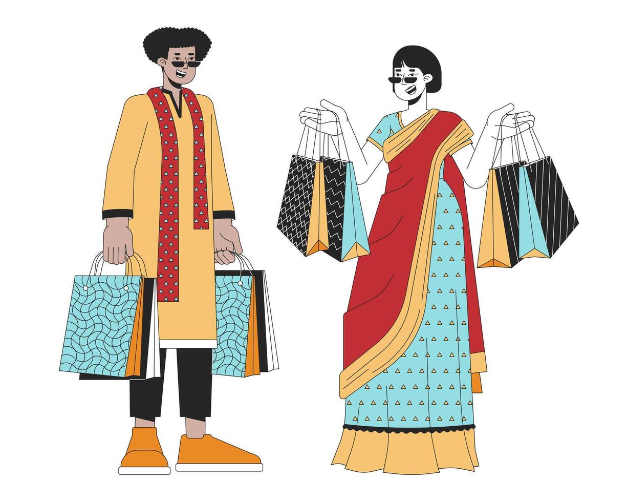 Diwali Geschenk Taschen Linie Karikatur eben Illustration. indisch ethnisch tragen Menschen vielfältig 2d lineart Zeichen isoliert auf Weiß Hintergrund. indisch Festival von Beleuchtung Einkaufen Szene Vektor Farbe Bild