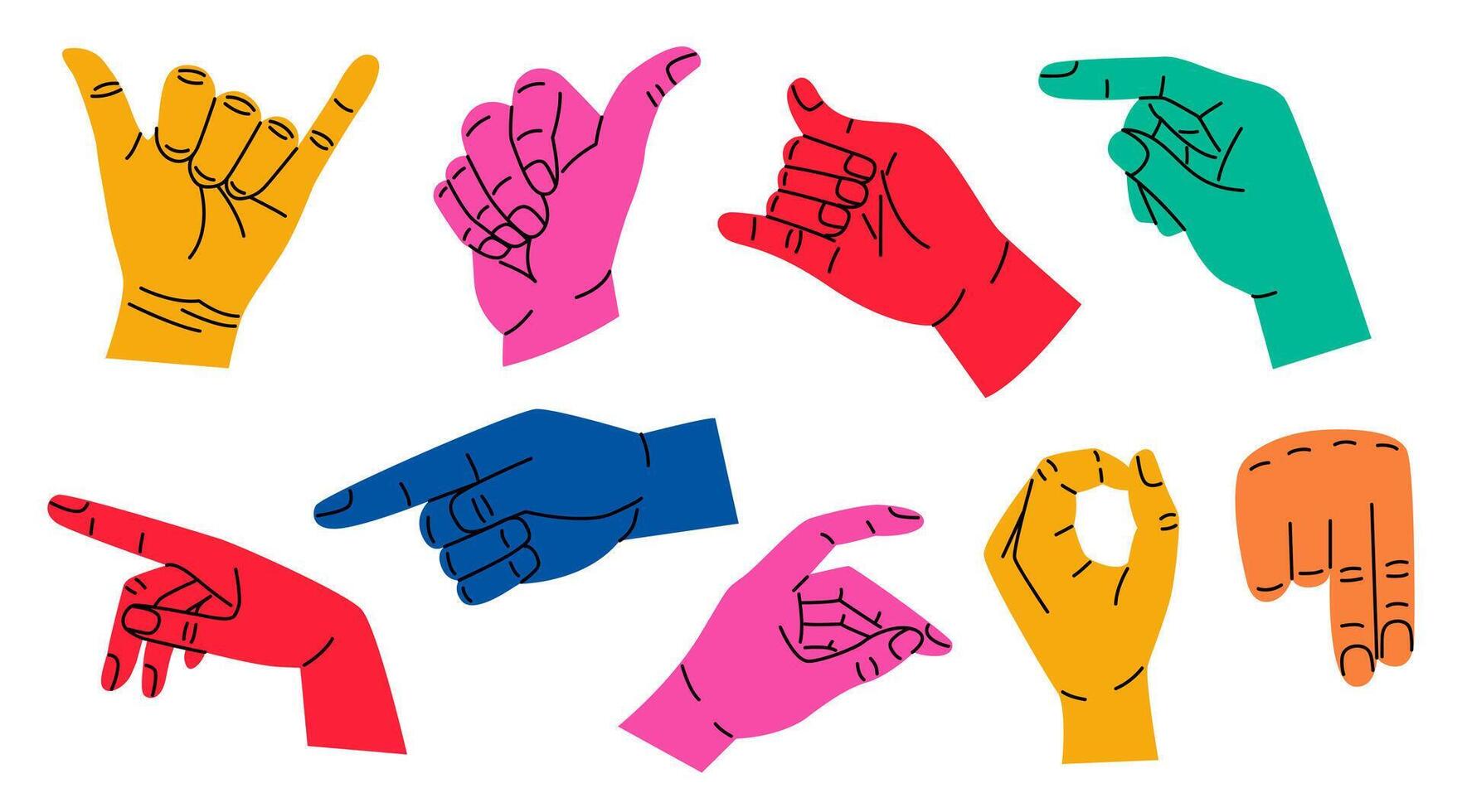 uppsättning av färgrik händer med annorlunda gester. modern trendig platt tecknad serie stil. hand dragen vektor illustration. händer visa annorlunda tecken och symboler. kropp språk för kommunikation